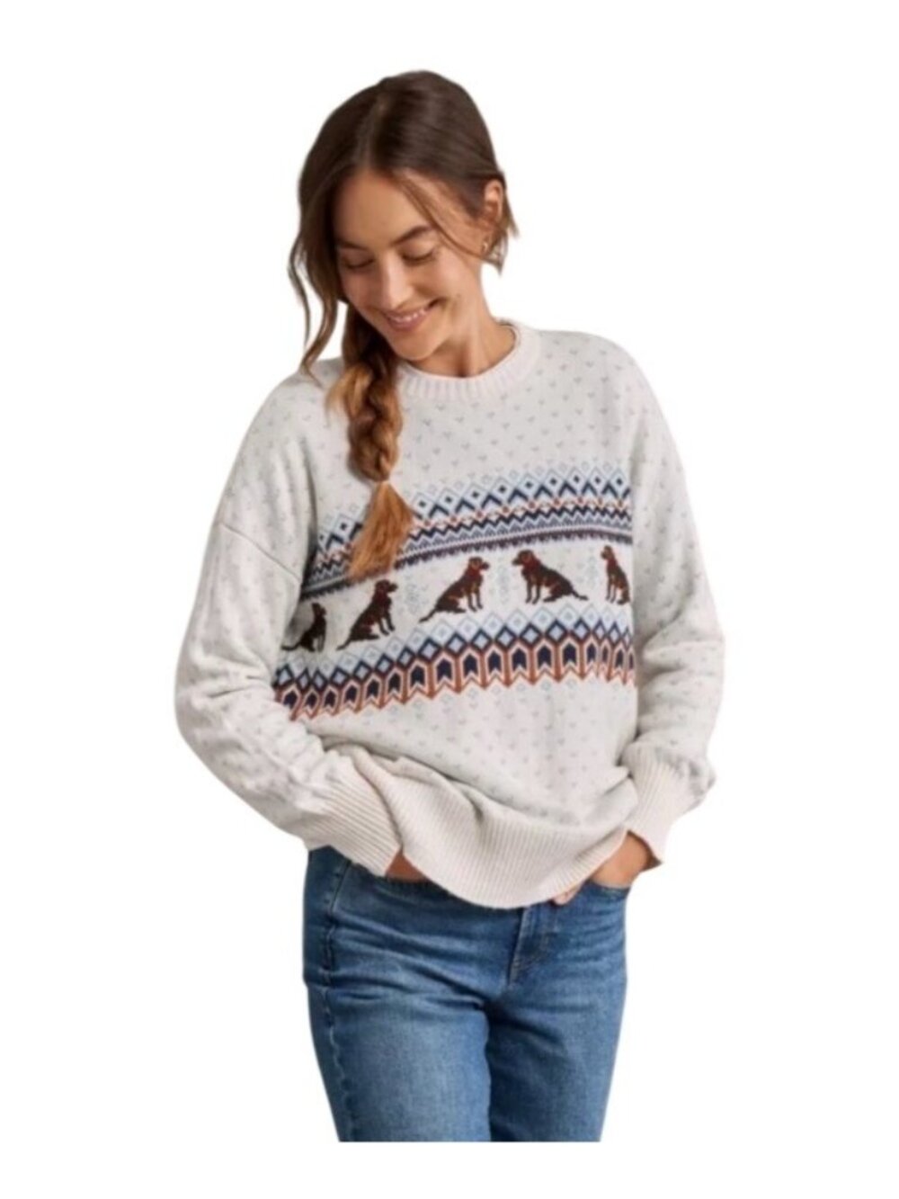 L.L.Bean Nostalgic Dog Intarsia Sweater Cream soft Size S oversized fair isle